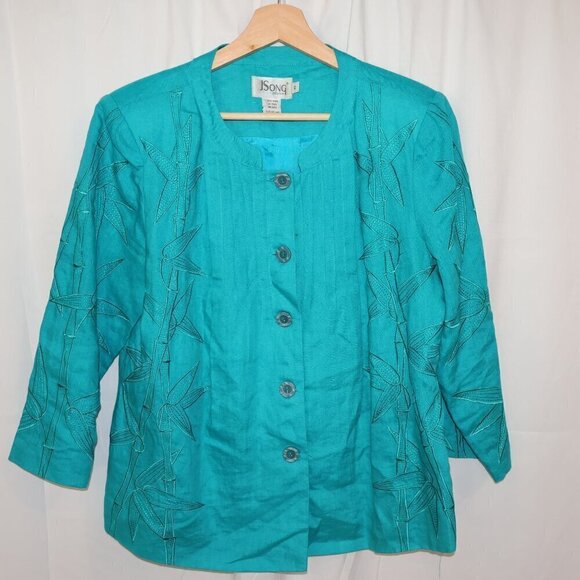 J Song 100% Linen Jacket Embroidery 3/4 Sleeves Button Up No Collar Size 10 - Picture 3 of 15